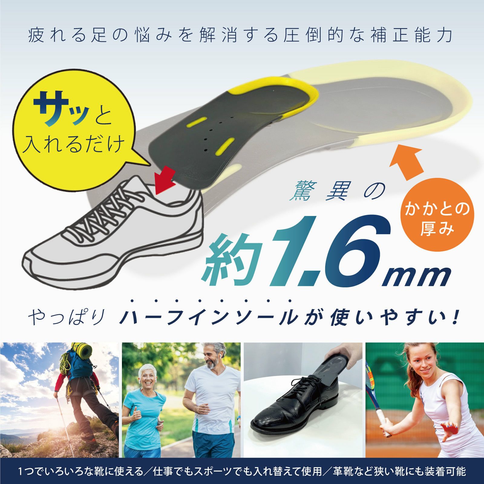 アシマルインソール　アクティブハーフ プレミアム　sサイズ22.5㎝〜24.5㎝ ハーフインソール スポーツ用｜アシマル アクティブハーフプレミアム
